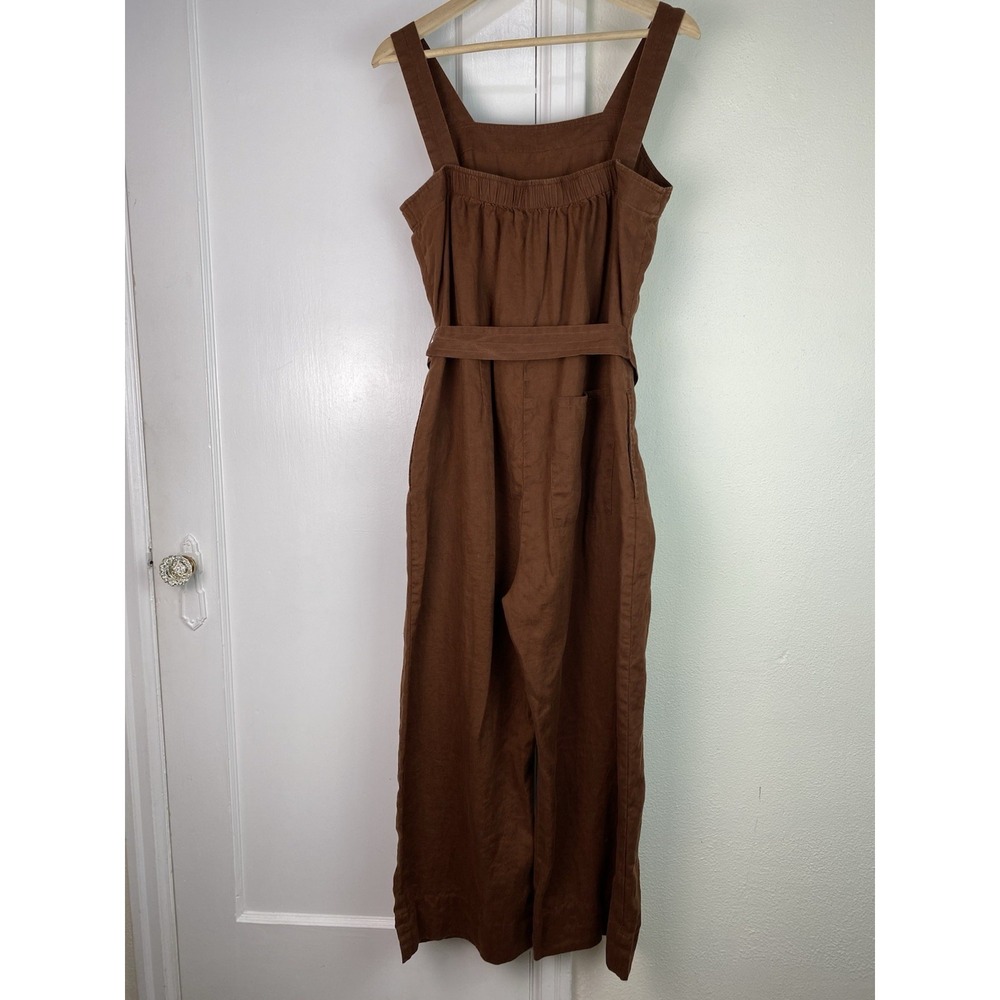 Quince Women's L Chocolate Brown European Linen Square Neck Belted Jumpsuit - Picture 6 of 10